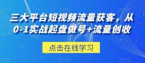 三大平台短视频流量获客,从0-1实战起盘做号+流量创收-快赚