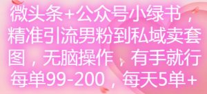 微头条+公众号小绿书,精准引流男粉到私域卖套图,无脑操作,有手就行,每单99-200,每天5单-快赚
