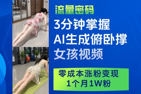 3分钟掌握AI生成俯卧撑女孩视频,零成本涨粉变现,1个月1W粉-快赚