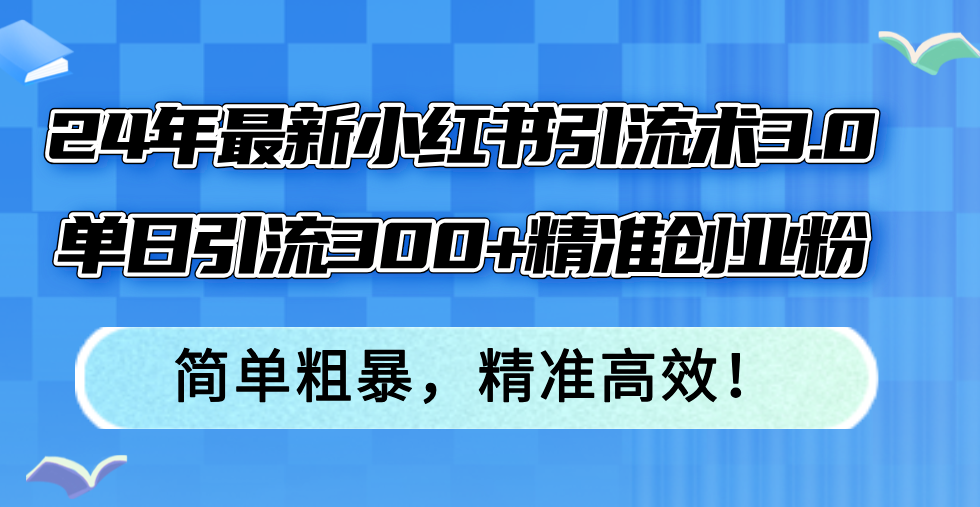 24年最新小红书引流术3.0,单日引流300+精准创业粉,简单粗暴,精准高效!-快赚