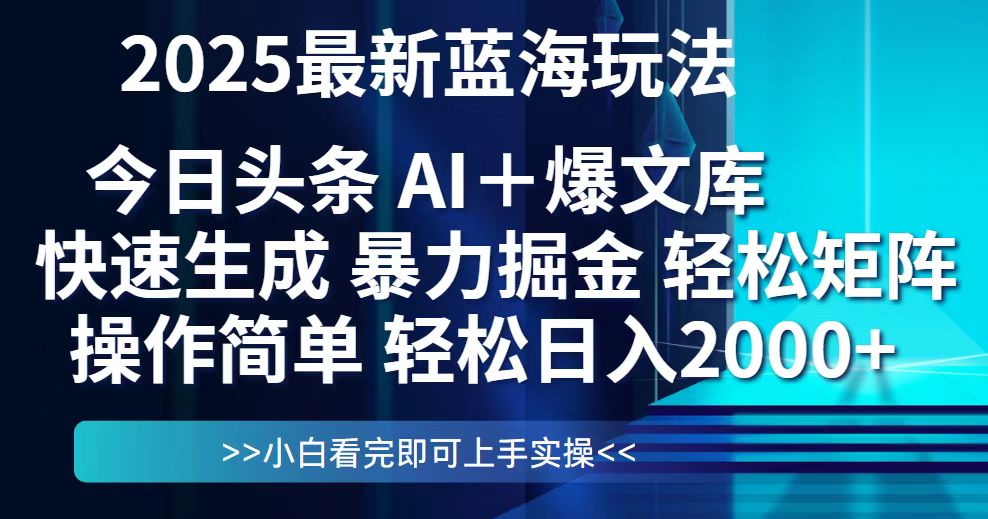 今日头条2025最新蓝海玩法,思路简单,复制粘贴,轻松实现矩阵日入2000+-快赚