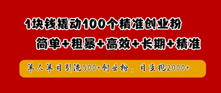 1块钱撬动100个精准创业粉,简单粗暴高效长期精准,单人单日引流500+创业粉,日变现2k【揭秘】-快赚