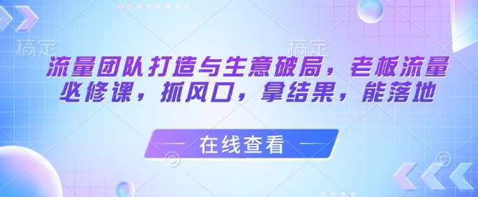 流量团队打造与生意破局，老板流量必修课，抓风口，拿结果，能落地-快赚
