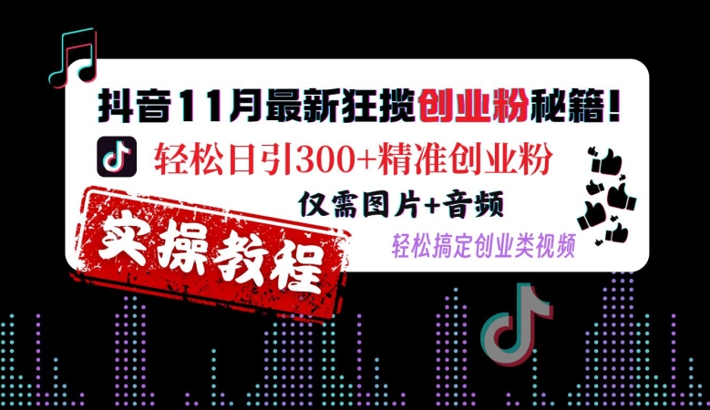 抖音11月最新狂揽创业粉秘籍,轻松日引300+精准创业粉,仅需图片+音频,轻松搞定创业类视频-快赚