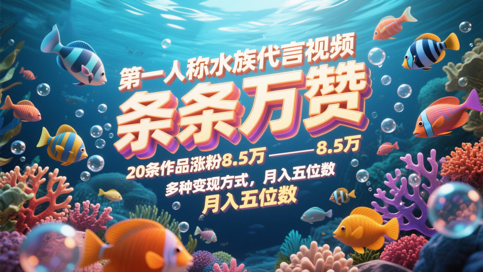 第一人称水族代言视频,条条万赞,20条作品涨粉8.5万,多种变现方式月,入五位数-快赚