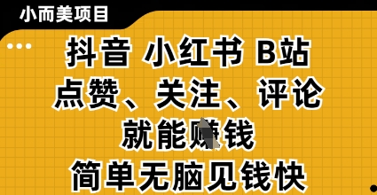 小而美的项目，抖音小红书B站视频点赞、关注、评论就能挣钱，简单无脑立见收益，妥妥的零撸项目【揭秘】-快赚