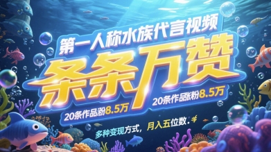 第一人称水族代言视频，条条万赞，20条作品涨粉7.8W，多种变现方式月入五位数-快赚